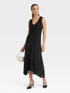 A New Day Black Ruched V-Neck Midi Dress